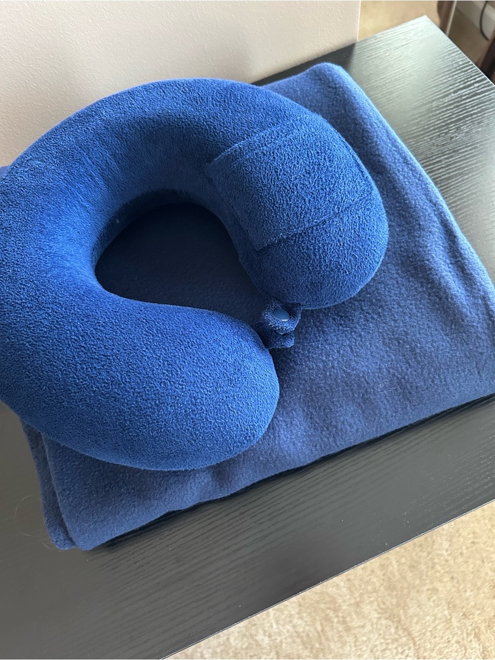 Plush Royal Blue U-Shape Travel Neck Pillow with Matching Blanket